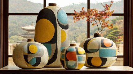 Modern ceramic vases, abstract design, autumnal view