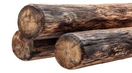 Stacked Textured Brown Wood Logs Isolated on White Background with Circular Ring Patterns