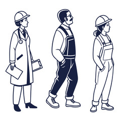 Diverse professionals including a doctor and construction workers in outline style