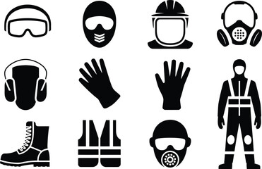 Fototapeta premium Safety and protective gear icons set safety helmet