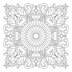 An intricate black line art pattern forms a symmetrical decorative floral design.