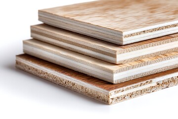 Stacked Veneer Plywood Sheets on White Background, Wood Grain Texture Detail CloseUp