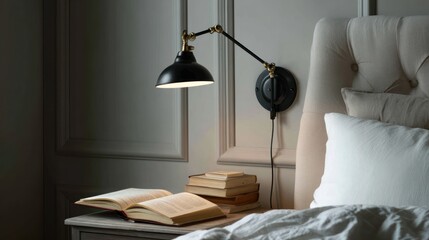 Cozy bedroom scene with an adjustable wall lamp illuminating a stack of books