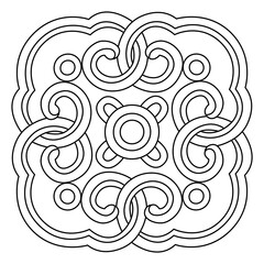 Abstract symmetric knot pattern shows intricate looping lines and ornate scrolls.