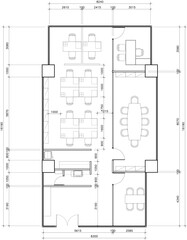 2D Office Interior Layout Plan with Furniture Arrangement, Meeting Room, Manager Room, and Work Area – Vector Drawing