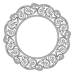 Elegant black and white circular frame features intricate scrollwork pattern.