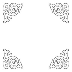 Elegant black abstract ornamental swirls decorate all four white background corners.