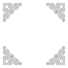 Four ornamental scroll corners display a classic symmetrical black line art design.