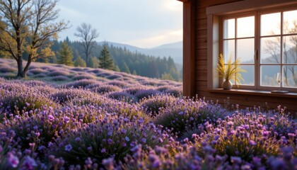 Lavender Field by Cabin Window