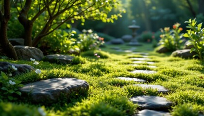 Serene Stone Path Through Lush Garden