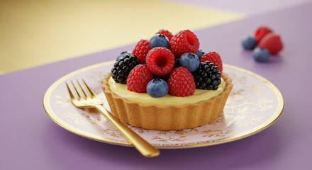 ''A delectable berry tartlet adorned with fresh raspberries, blackberries, and blueberries, served on an elegant plate with a g...