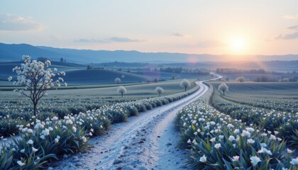 Blooming Spring Landscape with Winding Road
