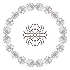 Abstract black line art forms a decorative flower mandala with a round border.