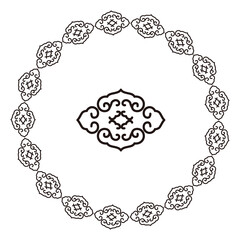 Abstract cloud pattern forms a circular frame with a central ornament on white.