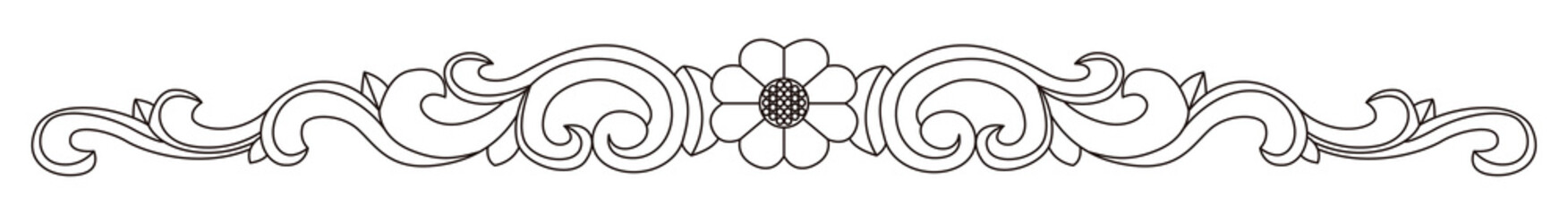 A classic black and white line art border features a central flower and ornate scrolls.