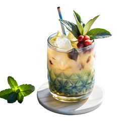 Watercolor Illustration of Mai Tai Cocktail Drink with Tropical Garnish Isolated on White Background