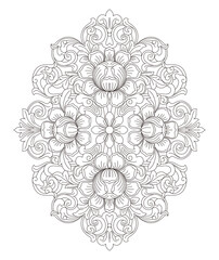 An elaborate symmetrical floral illustration depicts ornate scrolling leaf patterns