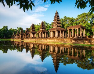 Ancient Asian stone temple with a stunning reflection in the calm water of a lake, a serene cultural heritage site.