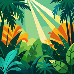 Vibrant tropical jungle with sunbeams and large leaves vector landscape background.