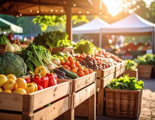 Vibrant local farmers' market stall with fresh organic vegetables in wooden crates during a beautiful sunlit morning