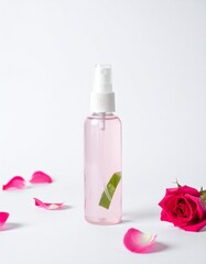 Refreshing rose water spray with aloe vera and petals for natural skincare
