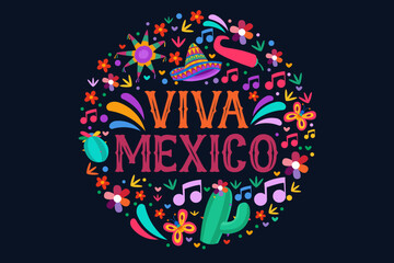 Fototapeta premium decorative design viva mexico for poster design. cactus, sombrero, flower, chile and element celebration party