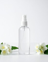 Refreshing clear facial mist bottle with delicate white jasmine flowers, perfect for skincare product shots