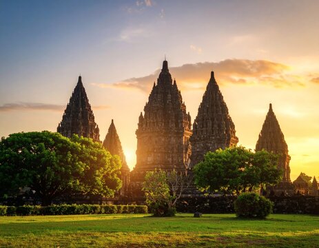Majestic Prambanan Hindu temple complex in Java, Indonesia, silhouetted against a stunning golden sunset sky.