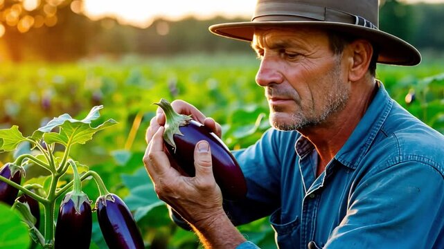 Farmer holding a freshly harvested eggplant in his hands, surrounded by lush fields at sunset, capturing the essence of rural agriculture