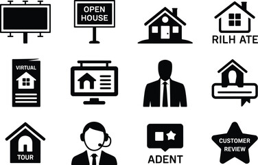 Real Estate and Customer Service Icons in Black and White