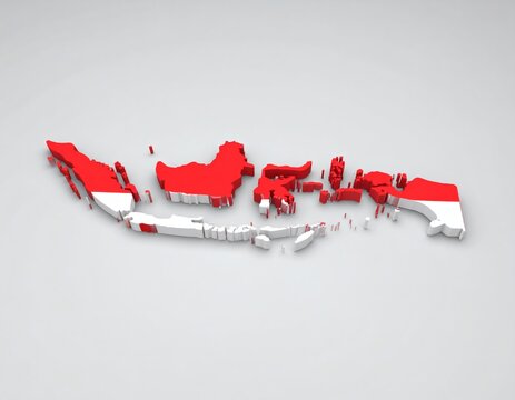 A three-dimensional map of the Republic of Indonesia. The geographic territory is illustrated with the red and white national flag design.