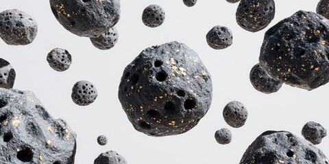 Dark gray, round objects with golden speckles, scattered across a white background