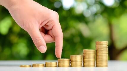 Hand walking up golden coin stacks symbolizing financial growth, investment success, and future prosperity, achieving wealth milestones
