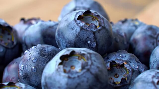 Macro Shot of Glistening Plump Vaccinium Corymbosum Blueberries with Water Droplets in Detailed Close-up Perfect for Decoration Symbolizing Healthy Eating and Natural Food Concept