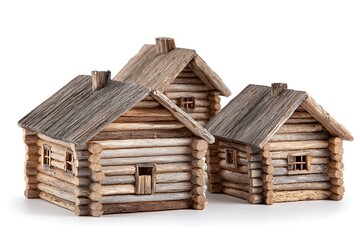 Three detailed wood log cabin models with textured roofs on a white backdrop