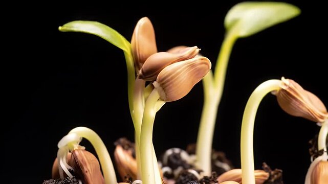 Macro Time Lapse of Seed Germination Featuring Seedlings Roots and Green Leaves Against a Striking Black Background Revealing the Beauty of Botanical Growth Process Optimized for Adobe Stock Footage