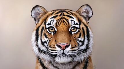 Fototapeta premium Close up Tiger Portrait Against Beige Background