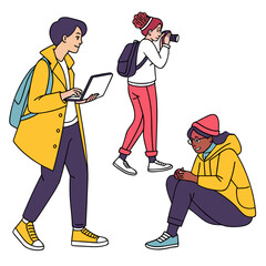 Diverse group of young people with laptop camera and phone enjoying outdoor activities