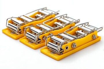 Three Yellow and Silver Quick Release Ratchet Tie Down Buckles on White Background