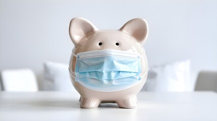 Protect your savings with health measures during a pandemic concept featuring a piggy bank wearing a protective face mask for financial safety