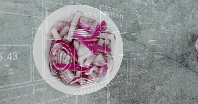 UI overlays revealing numeric readouts over white bowl while bowl drifting and onion halves sliding