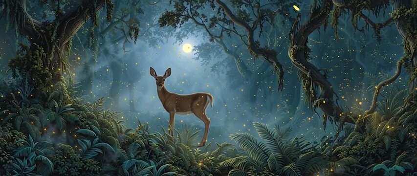 Anamorphic video Whimsical Deer in Enchanted Forest at Night. The atmosphere is serene and dreamlike, evoking a sense of fantasy and the beauty of nature in the twilight.