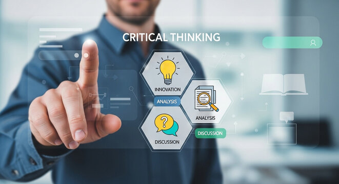 Man touching critical thinking interface with innovation analysis and discussion icons displayed