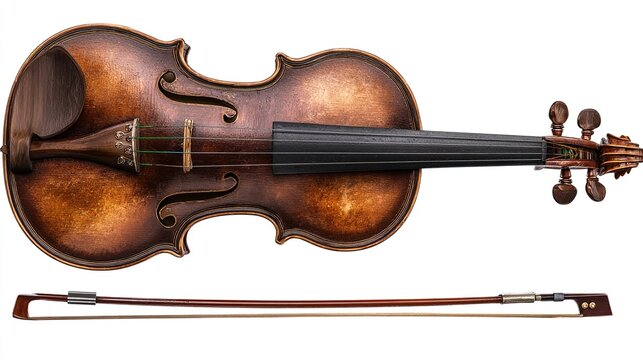A vintage violin & bow, warm-toned wood with a dark fingerboard and aged appearance
