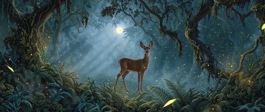 Anamorphic video Whimsical Deer in Enchanted Forest at Night. The atmosphere is serene and dreamlike, evoking a sense of fantasy and the beauty of nature in the twilight.