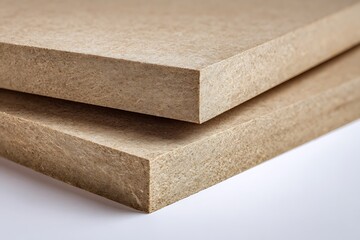 Two Light Brown MDF Boards Stacked on White Surface Showing Cross Sections Texture