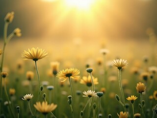 A softfocus field of wildflowers glowing in the gentle golden light of a sunrise. A dreamy and atmospheric nature landscape with beautiful bokeh, evoking peace, warmth, and tranquility