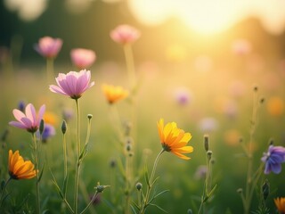 A beautiful field of summer wildflowers captured with a soft focus technique during a golden sunset. The warm, hazy sunlight creates a tranquil and magical atmospheric nature background