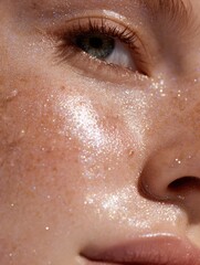 Fototapeta premium Hydration Serum Droplets Enhance Cheek Glow With Light Reflection and Soft Background Effect