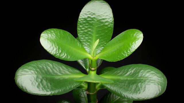 Overhead Time Lapse of Vibrant Green Crassula Ovata Plant Growth Against Dark Backdrop Featuring Lush Leaves and Intricate Textures in a Botanical Time-Lapse Close-Up for Stock Footage and Symbolizes